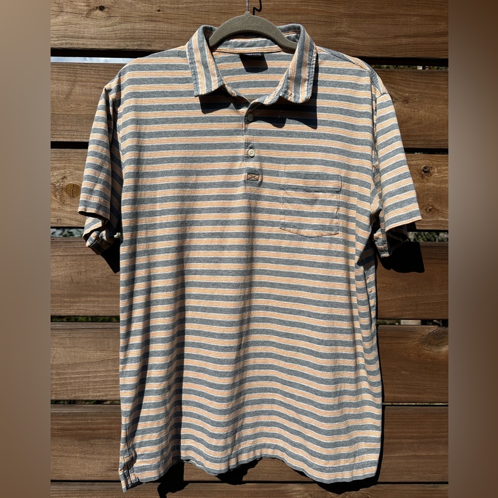 Patagonia Men's Short Sleeve Gray and Orange Striped Collared Polo Shirt